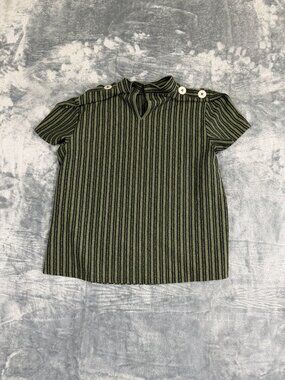 Cable & Gauge Petite Striped Green & Black Button Shoulder Short Sleeve Top PXL